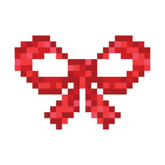 A red pixelated bow on a white background. Vector illustration of a ribbon in pixel art style.
