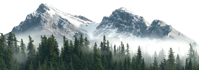 A scenic image of towering, snow-capped mountains with a dense forest in the foreground