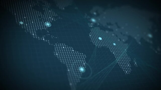 Pulsing dots and glowing lines on world map representing global connectivity and AI major servers.