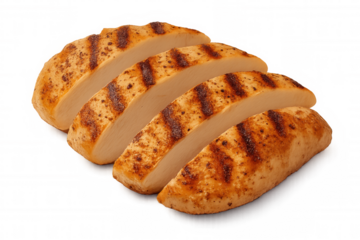 Sliced grilled chicken breast portions with char marks, offering a healthy high protein food choice on transparent background