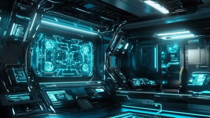Obraz premium Futuristic cyberpunk interior with neon blue grid. Artificial intelligence image