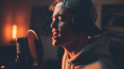 Young man singing into a microphone with a hat on