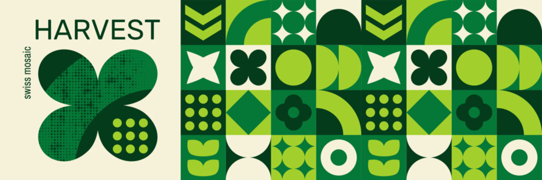 Mosaic pattern in swiss design, featuring abstract agriculture motifs on a green eco background.