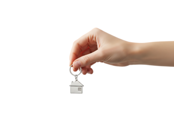 Hand holding a house shaped keychain isolated on transparent background