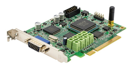 Obraz premium Isolated Computer Graphics Card, a Circuit Board with Gold Contacts and Many Small Components