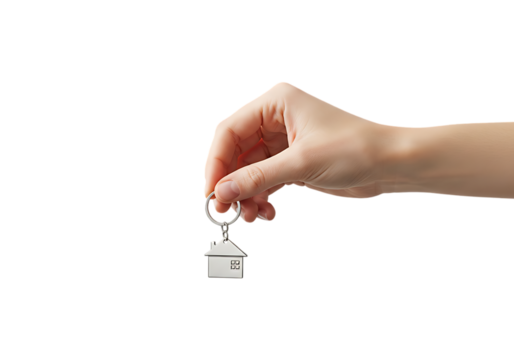 Hand holding a house shaped keychain isolated on transparent background