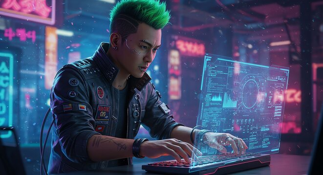 Futuristic Cyberpunk Hacker Man with Neon Green Hair Working on Transparent Virtual Interface in Night City - Powered by Adobe