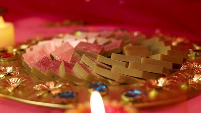 Kaju katli beautifully plated with a festive decorated background 