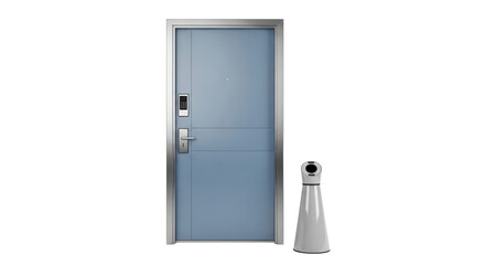 Naklejka premium Isolated blue security door with digital lock and futuristic white trash receptacle