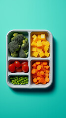 Top view of a colorful lunchbox filled with fresh vegetables including broccoli, cherry tomatoes, peas, carrots, and cheese cubes on a turquoise background.  
