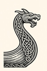 Detailed Engraving of Viking Longship Dragon Figurehead with Knotwork
