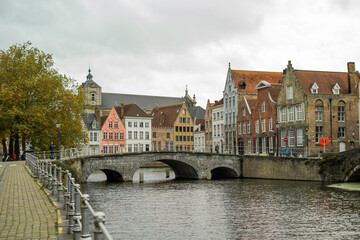 Landscape of the Belgian city of Bruges in autumn. Travel.