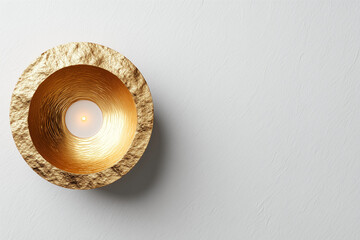 Minimal white background with gold foil diya silhouette.