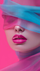 Obraz premium Close-up of female lips covered with translucent fabric in pink and blue neon light. 