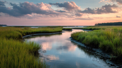Calm river with a beautiful sunset in the background