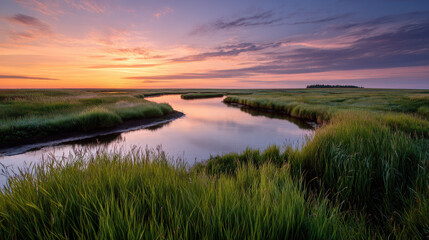 Beautiful sunset over a river with tall grasses
