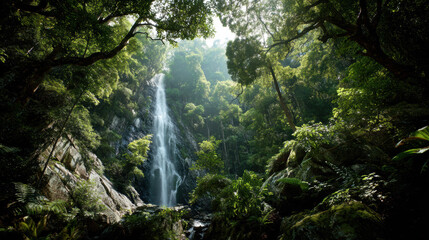 Lush green forest with a waterfall in the background