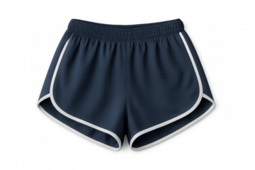 Navy blue athletic shorts with white trim. Running sportswear, comfortable gym apparel, fitness clothing, transparent background