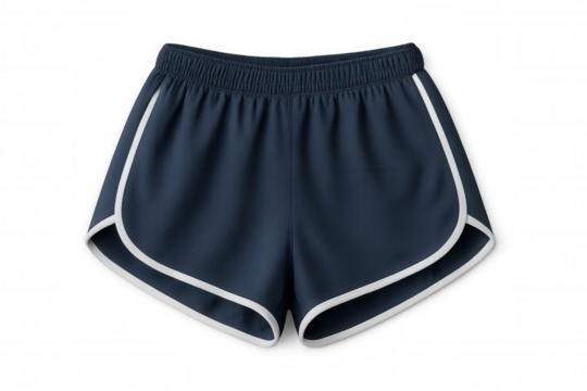 Navy blue athletic shorts with white trim. Running sportswear, comfortable gym apparel, fitness clothing, transparent background