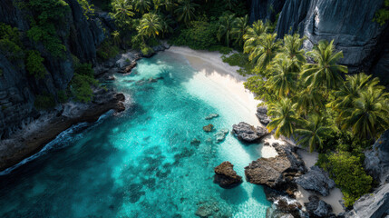 Beautiful blue ocean with palm trees in the background