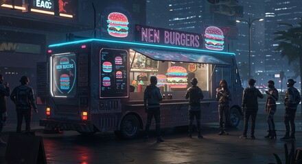 Nighttime Food Truck Serving Burgers with Neon Sign in City