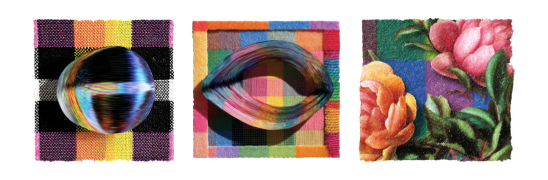 Colorful Collage with Abstract Shapes and Floral Elements on Transparent Background