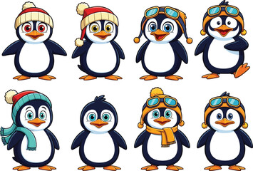 Cartoon penguin character illustration set, eight festive designs with hats, scarves, goggles and cheerful expressions, winter vector asset, holiday sticker icon