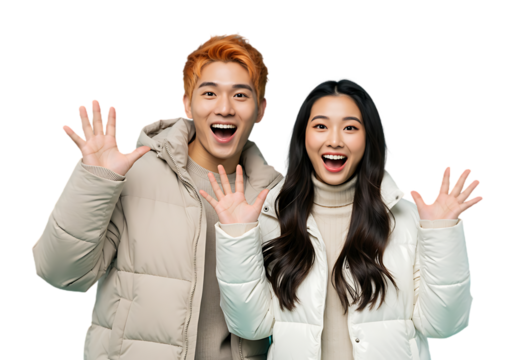 Excited young couple in winter jackets isolated on transparent background