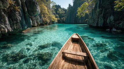 Boat is floating in a lake with a beautiful blue color