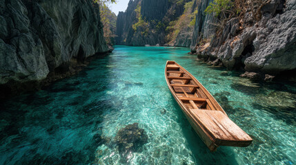 Small wooden boat is floating in a river with clear blue water