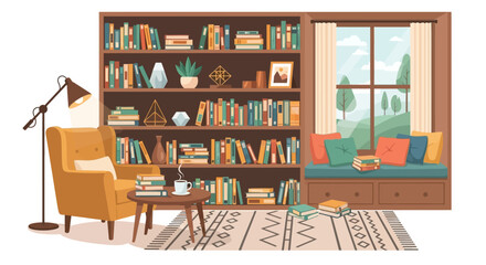 Cozy reading nook with armchair, bookshelf, and lamp creating a relaxing atmosphere.