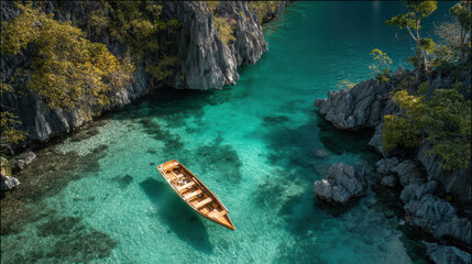 Boat is floating in a lake with a beautiful blue color