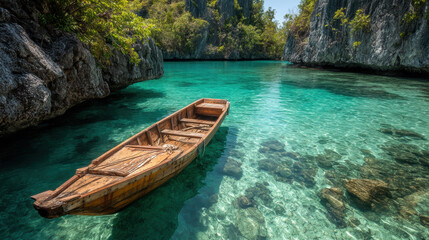 Small wooden boat is floating in a lake with clear blue water