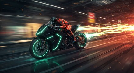 Obraz premium Futuristic Motorcycle Rider Riding High Speed Bike with Neon Lights in City at Night