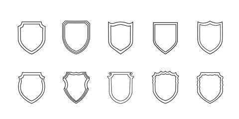 Set of blank shield outline icons. Collection of heraldic badge shapes, black linear emblems, frames or coat of arms templates for logo, label, or security symbol design. Editable Stroke