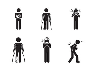Stick Figure Patient Injury Icon Set Broken Arm, Leg Casts, Headache, Sore Throat, and Back Pain vector icon set with white background
