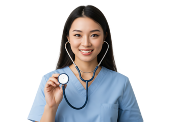 Young asian woman medical professional with stethoscope isolated on transparent background