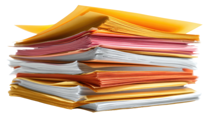 A large stack of various colored paper documents, folders and sheets. Arranged and piled high
