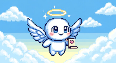 Pixel art angel with halo and wings holding a love letter in a sky with clouds background art