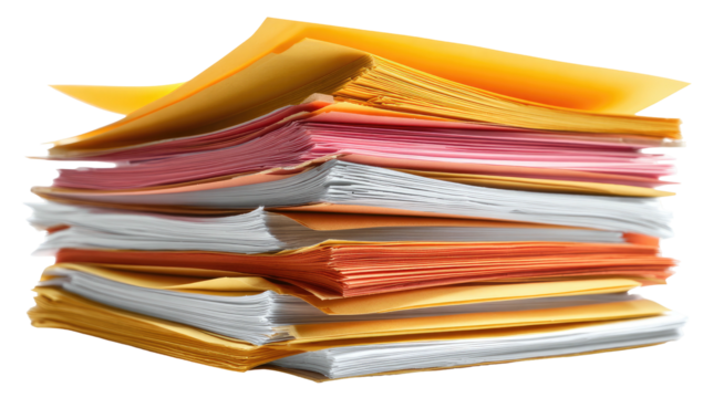 A large stack of various colored paper documents, folders and sheets. Arranged and piled high