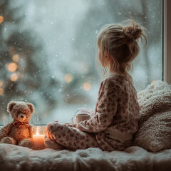 a little girl in warm pajamas looking through frosted window at falling snow