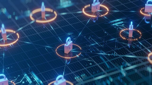 Digital security network with glowing padlocks, lines, data grid. Represents cybersecurity, blockchain, data protection, privacy, internet safety. Modern abstract background for technology, finance.