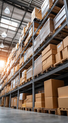 Fototapeta premium Rows of shelves filled with cardboard boxes in a large warehouse storage facility. 