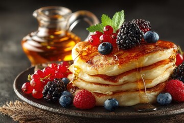 Stack of pancakes with berries and maple syrup on plate. Perfect for blog posts or articles about breakfast, food, or healthy diet.