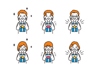 ギフトを貰って感激する、様々な世代の人物の上半身ベクターイラスト素材セット