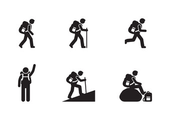 Hiking Stick Figure Icon Set silhouette vector illustration Walking, Running, Climbing, Resting Hiker Pictograms with white background