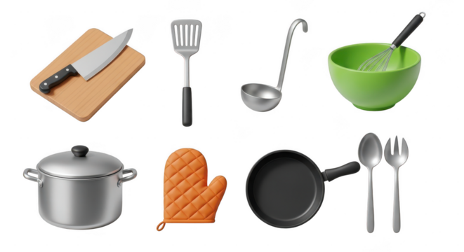 Collection of kitchen utensils and cookware isolated on transparent background - Powered by Adobe