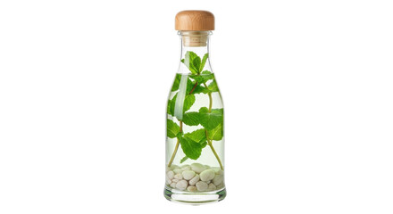 Isolated bottle with mint water and pebbles inside, natural wood stopper on top, healthy drink