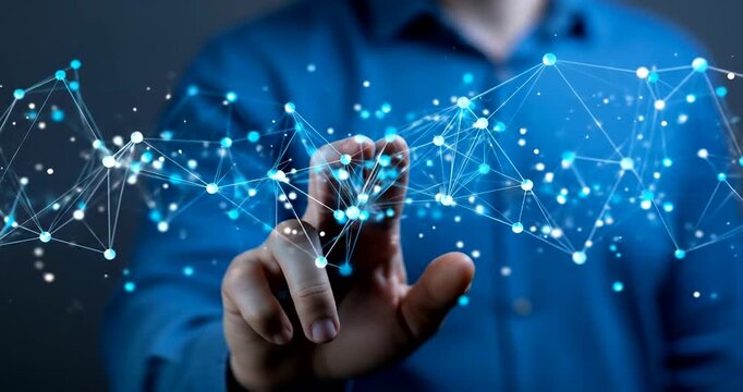 Person interacting with digital connections in a modern workspace - Powered by Adobe