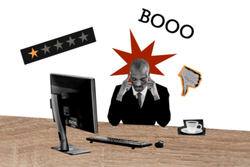 Composite photo collage of upset american man manager sit pc monitor bad rate terrible service dislike score isolated on painted background